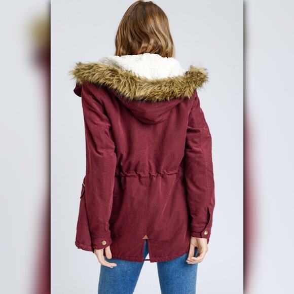 A232 • Wine Faux Fur Hooded Sherpa-Lined Utility Parka Jacket - Picture 4 of 6
